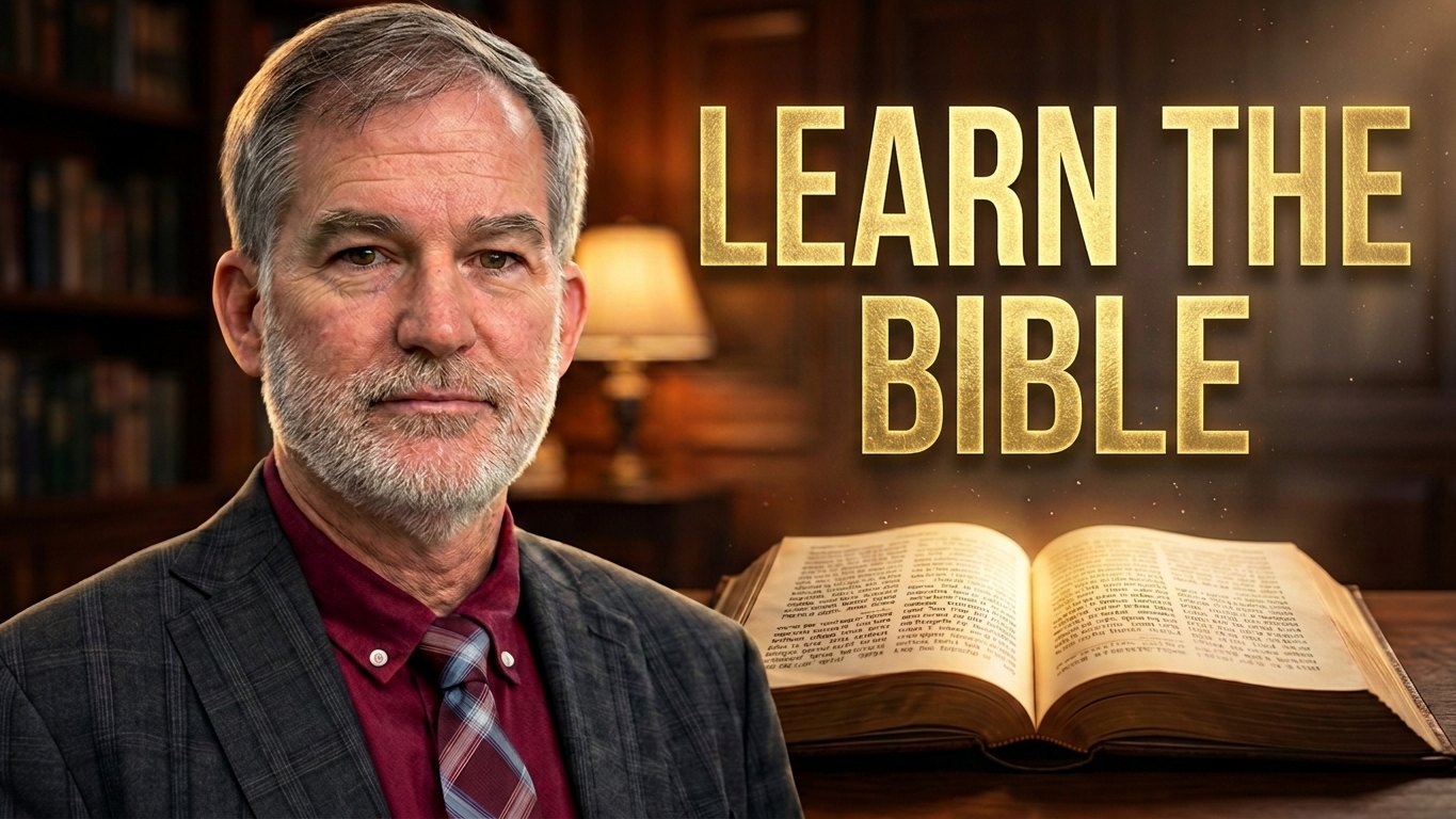 Pastor Craig Ledbetter in a warm library beside an open Bible, with the words Learn the Bible