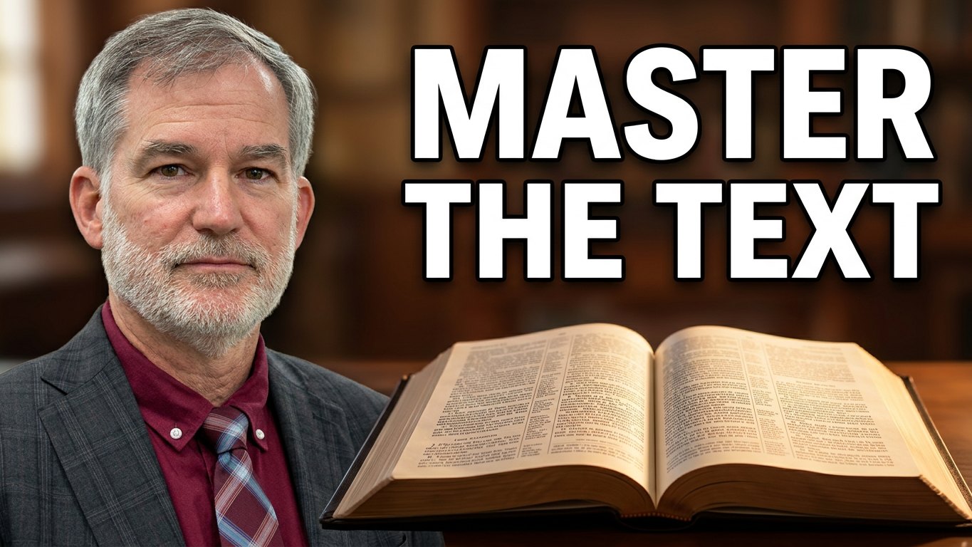 Pastor Craig Ledbetter beside an open Bible, with the words Master the Text